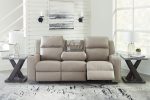 Lavenhorne - Pebble - Reclining Sofa W  Drop Down Table - Faux Leather Hot on Sale